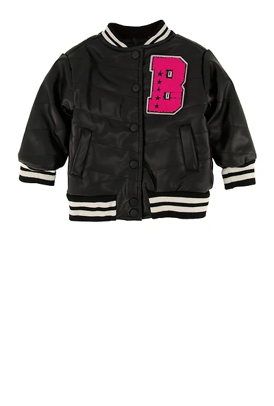 Baby Girls 12-24M B Initial Faux Leather Varsity Jacket, Black, Size 24M