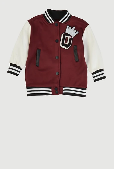 Baby Girls 12-24M Glitter Graphic Patch Letterman Jacket, Burgundy,