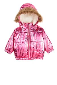 Baby Girls 12-24M Faux Fur Hooded Metallic Puffer Jacket