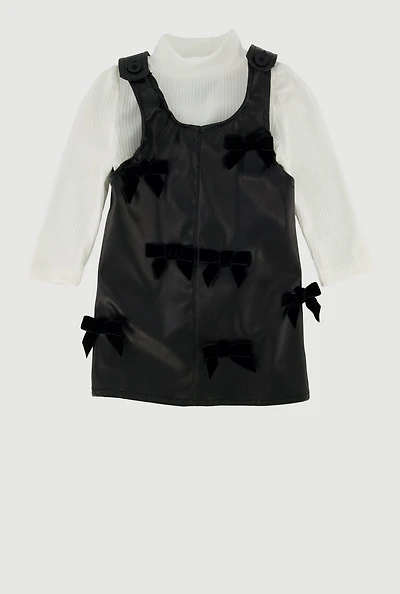 Baby Girls 0-9M Faux Leather Overall Dress with Long Sleeve Top, Black, Size 0-9M