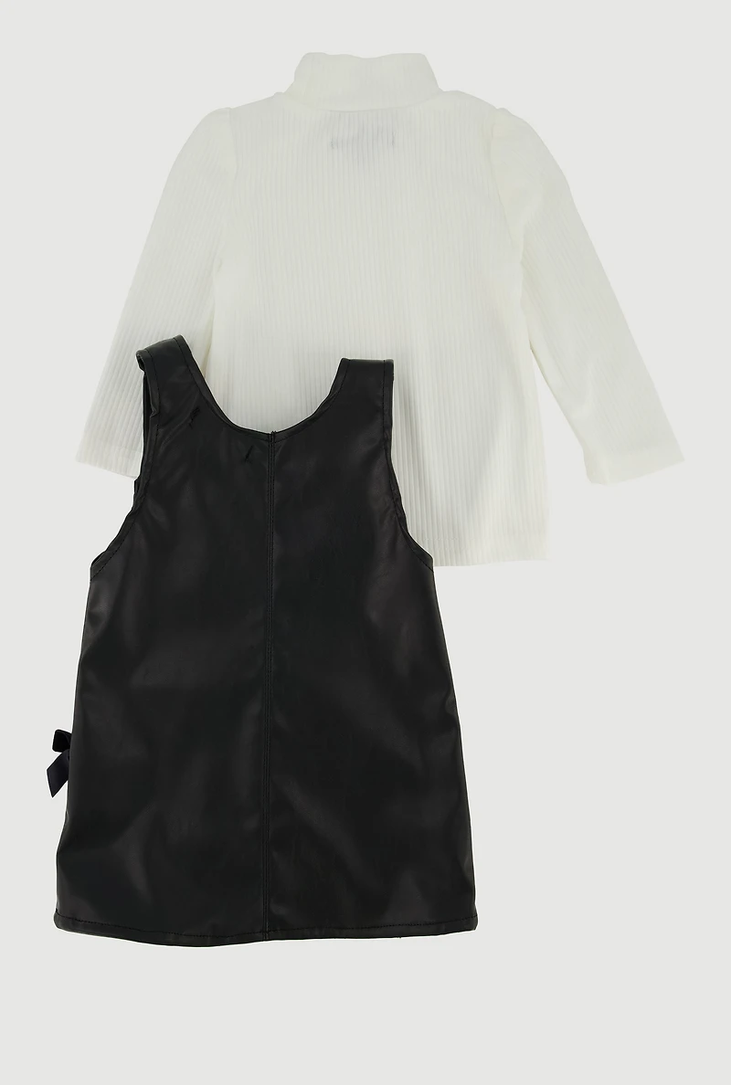 Baby Girls 0-9M Faux Leather Overall Dress with Long Sleeve Top, Black,