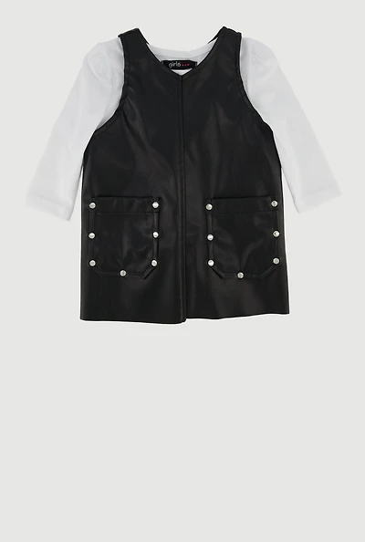 Baby Girls 0-9M V Neck Faux Leather Dress with Long Sleeve Top, Black, Size 0-3M