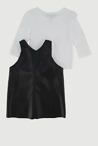 Baby Girls 0-9M V Neck Faux Leather Dress with Long Sleeve Top, Black, Size 0-6M