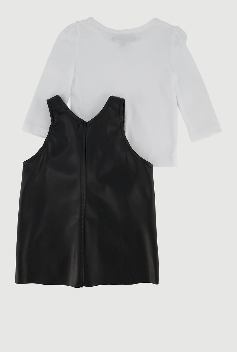 Baby Girls 0-9M V Neck Faux Leather Dress with Long Sleeve Top, Black, Size 0-3M