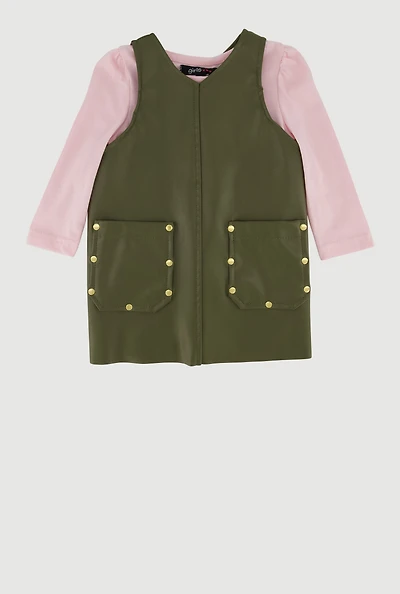 Baby Girls 0-9M V Neck Faux Leather Dress with Long Sleeve Top, Green,