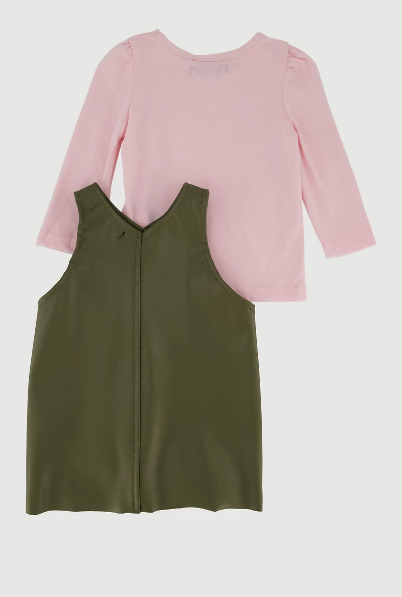 Baby Girls 0-9M V Neck Faux Leather Dress with Long Sleeve Top, Green,