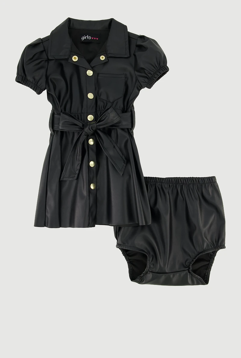 Baby Girls 0-9M Faux Leather Shirt Dress with Bubble Shorts