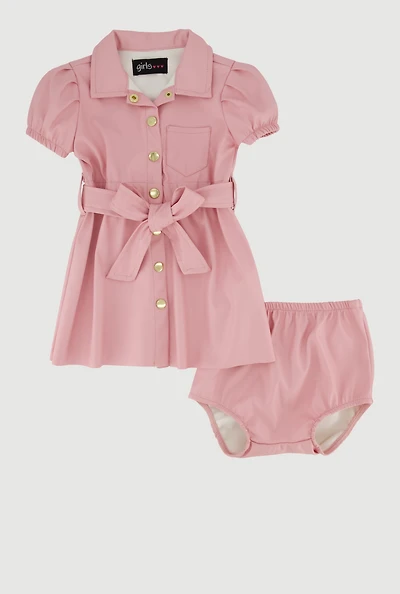 Baby Girls 0-9M Faux Leather Shirt Dress with Bubble Shorts, Pink, Size 3-6M