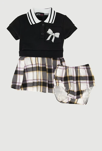 Baby Girls 0-9M Bow Glitter Pleated Plaid Polo Dress, Black,