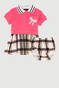 Baby Girls 0-9M Bow Glitter Pleated Plaid Polo Dress, Pink,