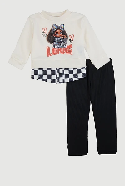 Baby Girls 0-9M Love Graphic Layered Sweatshirt and Leggings, White, Size 0-6M