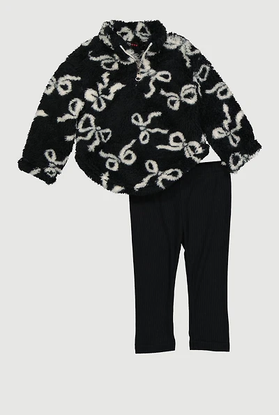 Baby Girls 0-9M Sherpa Bow Print Pullover and Leggings, Black, Size 3-6M