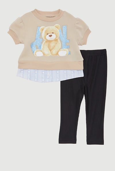 Baby Girls 0-9M Fleece Love Graphic Top and Leggings Set, Beige, Size 0-6M