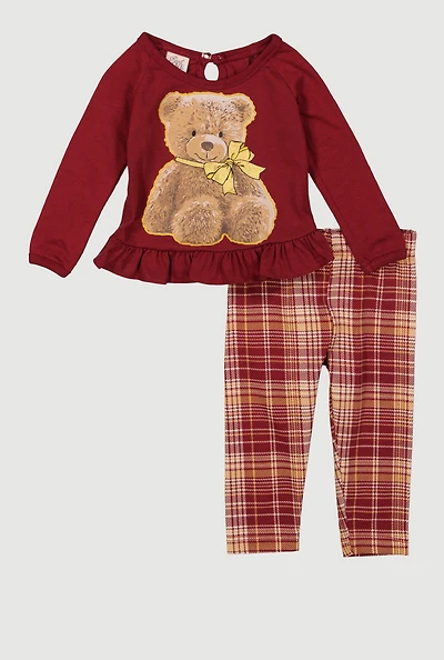 Baby Girls 0-9M Teddy Bear Graphic Top and Plaid Leggings, Burgundy, Size 6-9M