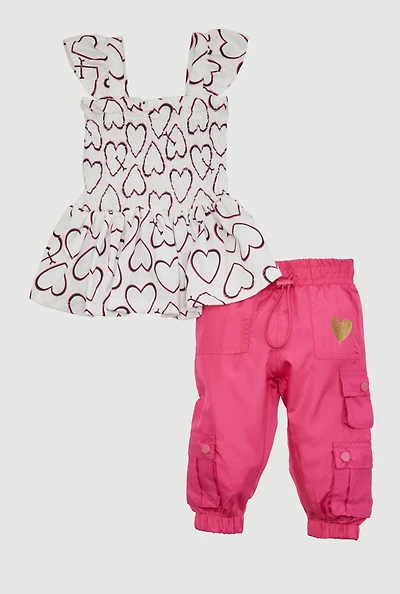Baby Girls 0-9M Heart Print Top and Parachute Joggers, Pink, Size 6-9M