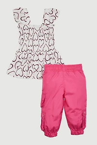 Baby Girls 0-9M Heart Print Top and Parachute Joggers, Pink, Size 0-3M