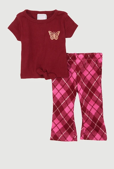 Baby Girls 0-9M Butterfly Tie Front Graphic Tee and Pants, Burgundy, Size 0-3M
