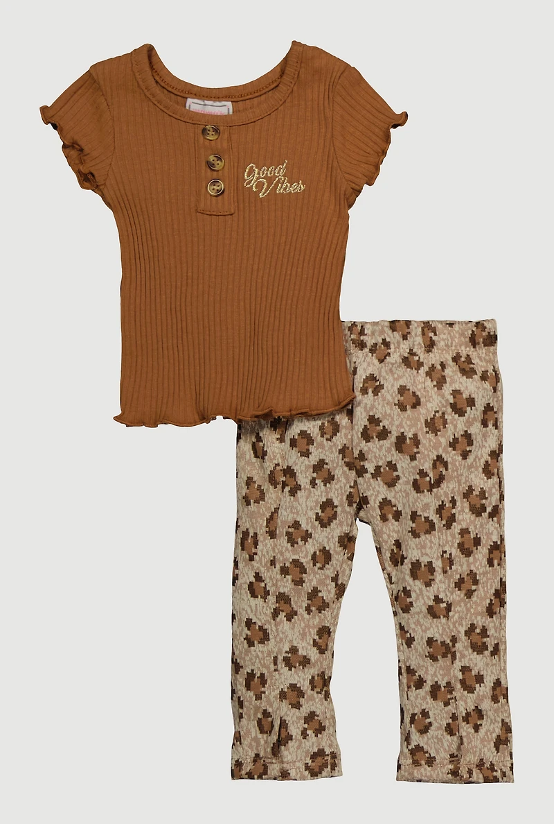 Baby Girls 0-9M Rib Knit Good Vibes Graphic Top and Leggings, Brown,