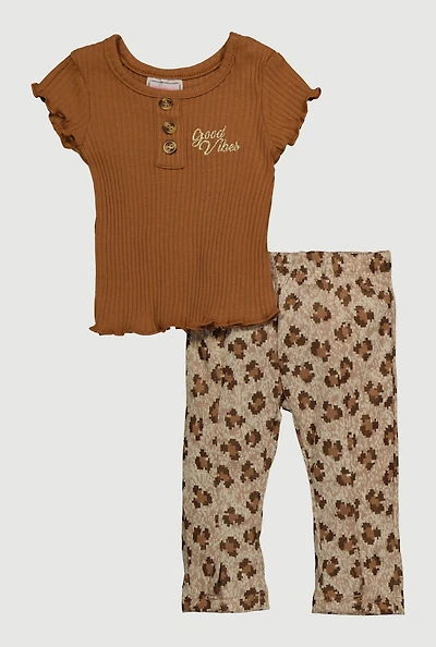 Baby Girls 0-9M Rib Knit Good Vibes Graphic Top and Leggings, Brown,