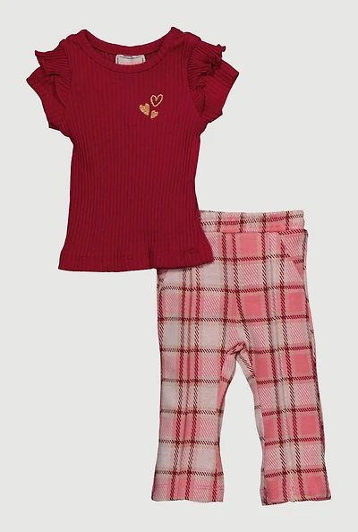 Baby Girls 0-9M Heart Tiered Ruffle Sleeve Tee and Pants, Burgundy, Size 6-9M
