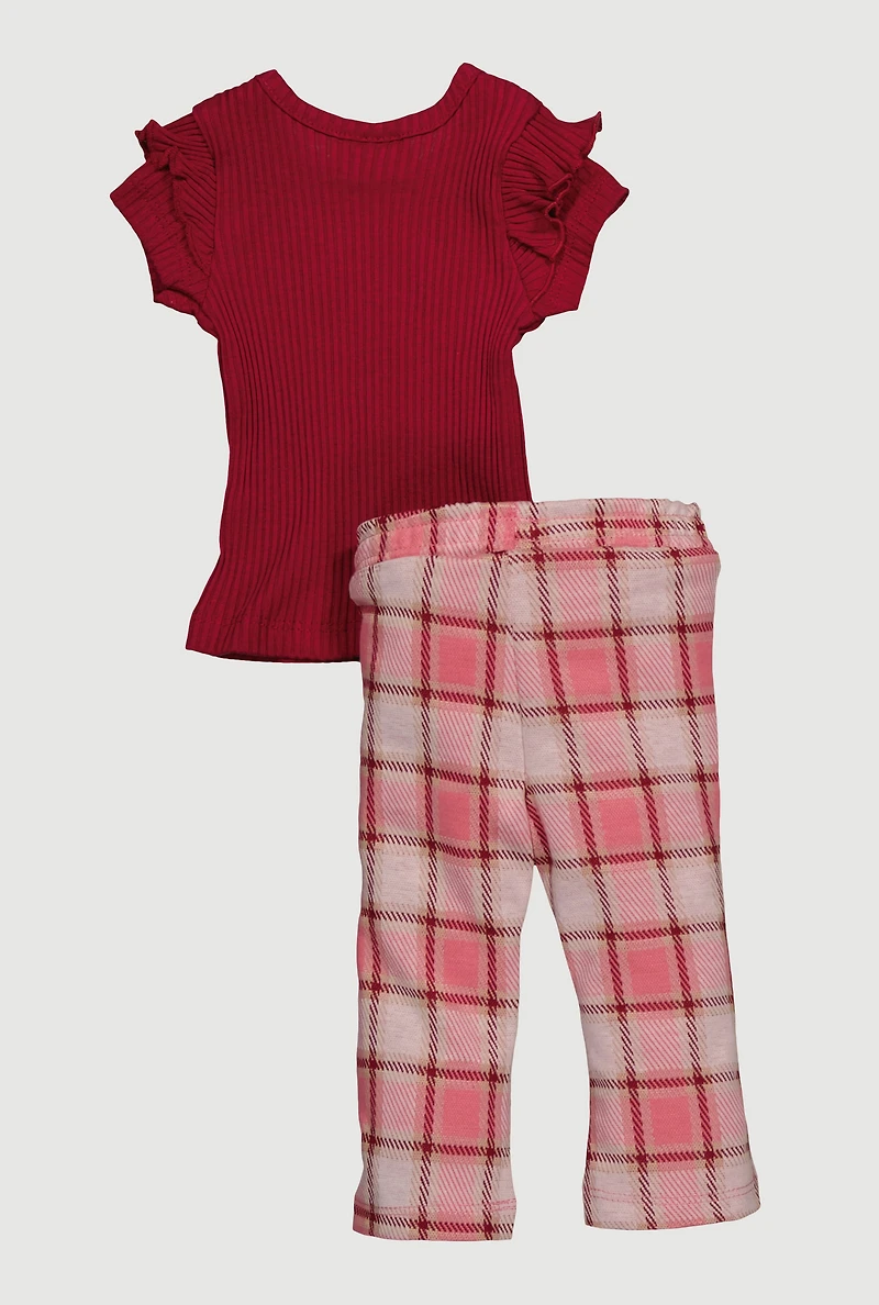 Baby Girls 0-9M Heart Tiered Ruffle Sleeve Tee and Pants, Burgundy, Size 6-9M