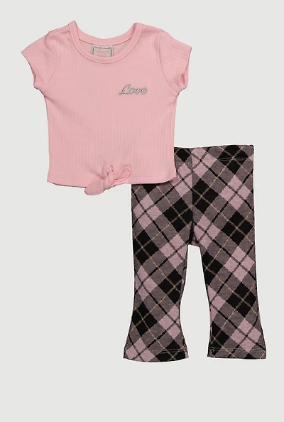 Baby Girls 0-9M Love Tie Front Graphic Tee and Pants, Pink, Size 0-3M