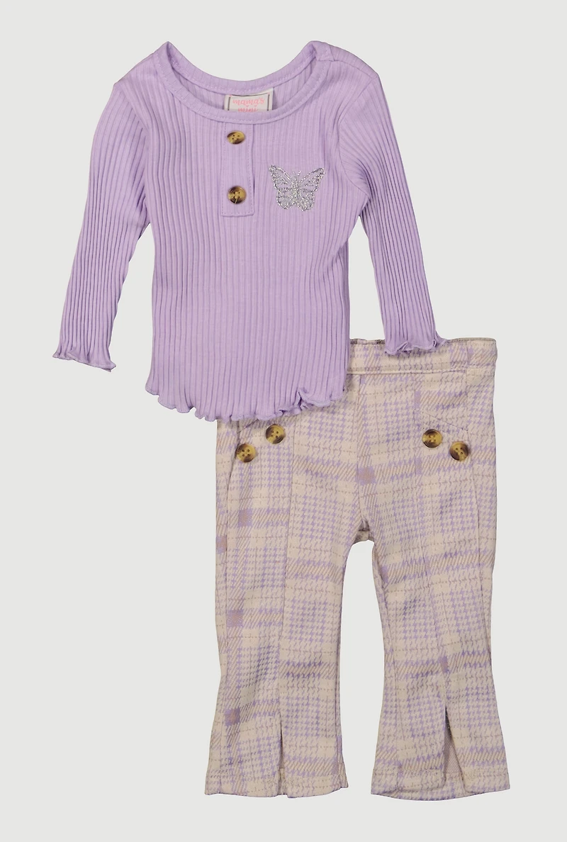 Baby Girls 0-9M Long Sleeve Top and Houndstooth Plaid Pants
