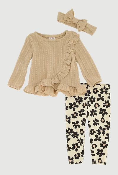 Baby Girls 0-9M Textured Knit Ruffle Top and Leggings with Headband, Beige, Size 6-9M