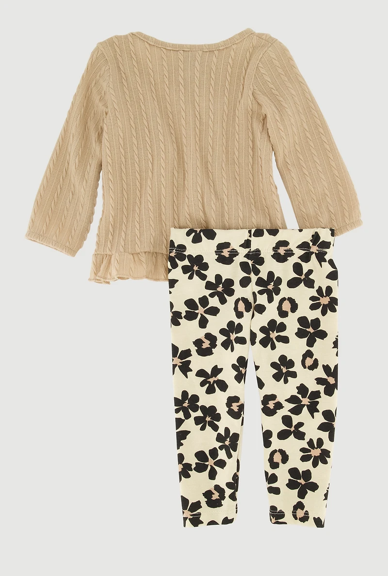 Baby Girls 0-9M Textured Knit Ruffle Top and Leggings with Headband, Beige, Size 6-9M