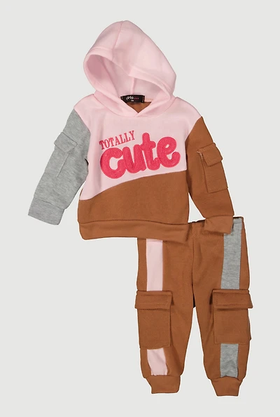 Baby Girls 0-9M Color Blocked Chenille Graphic Hoodie and Joggers, Brown, Size 9M