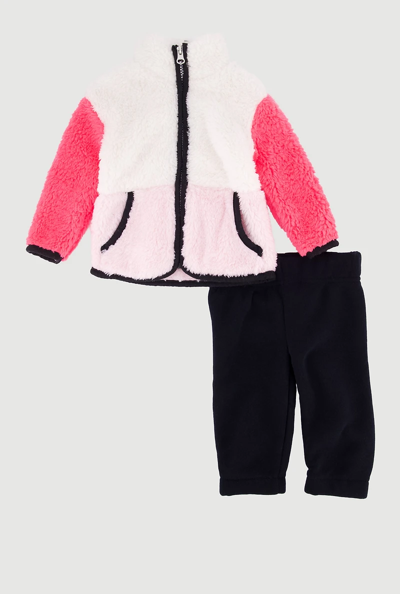 Baby Girls 0-9M Color Block Sherpa Jacket and Sweatpants