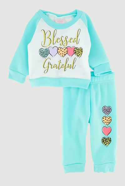 Baby Girls 0-9M Color Blocked Blessed Grateful Graphic Sweatshirt and Sweatpants, Blue, Size 3-6M