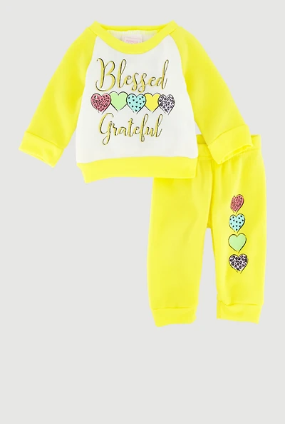 Baby Girls 0-9M Color Blocked Blessed Grateful Graphic Sweatshirt and Sweatpants, Yellow, Size 6-9M