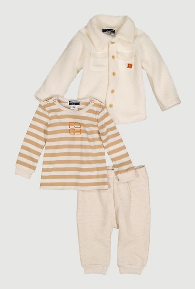 Baby Boys 12-24M Striped Top and Sherpa Shacket with Joggers, Beige, Size 12M