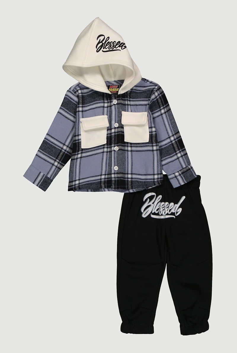 Baby Boys 12-24M Blessed Hooded Plaid Flannel Top and Joggers