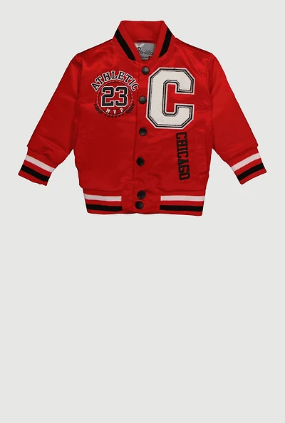 Baby Boys 0-9M Chenille Patch Graphic Satin Varsity Jacket, Red, Size 3M