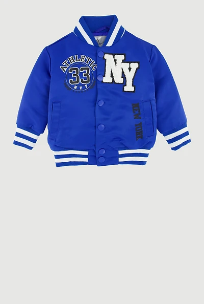 Baby Boys 0-9M Chenille Patch Graphic Satin Varsity Jacket, Blue, Size 6M