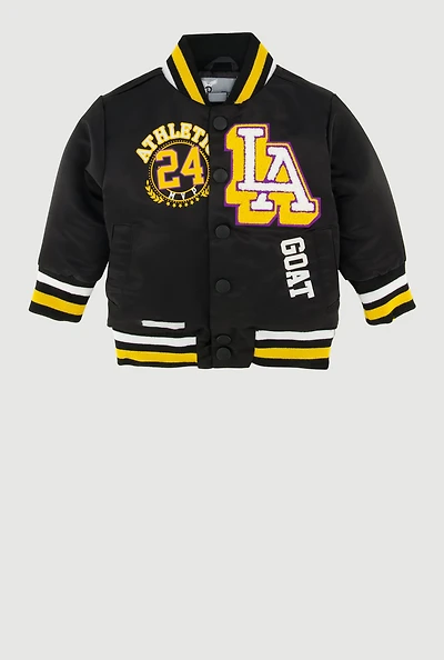 Baby Boys 0-9M Chenille Patch Graphic Satin Varsity Jacket, Black, Size 9M