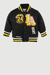 Baby Boys 0-9M Chenille Patch Graphic Satin Varsity Jacket, Black, Size 9M