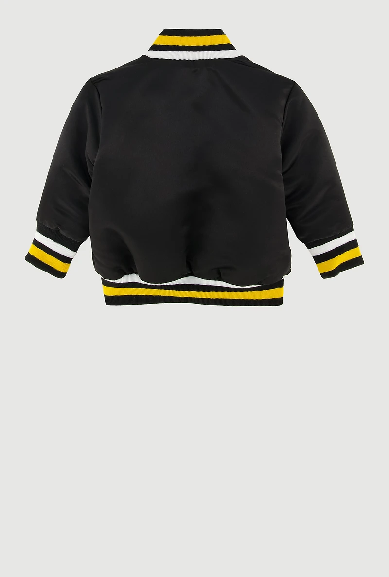 Baby Boys 0-9M Chenille Patch Graphic Satin Varsity Jacket, Black, Size 9M