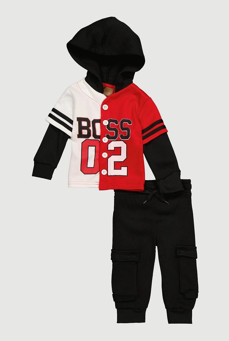 Baby Boys 0-9M Boss 02 Layered Look Hoodie and Cargo Joggers, Black,