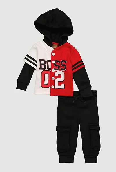 Baby Boys 0-9M Boss 02 Layered Look Hoodie and Cargo Joggers, Black,