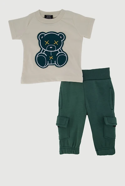 Baby Boys 0-9M Embroidered Bear Graphic Tee and Cargo Joggers, Green, Size 3-6M