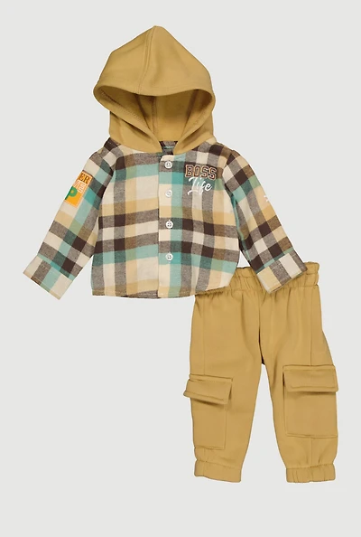 Baby Boys 0-9M Boss Life Plaid Hooded Shirt and Cargo Joggers, Beige, Size 0-3M