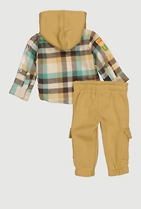 Baby Boys 0-9M Boss Life Plaid Hooded Shirt and Cargo Joggers, Beige, Size 0-3M