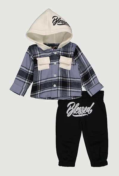 Baby Boys 0-9M Blessed Hooded Plaid Flannel Top and Joggers, Blue, Size 0-3M