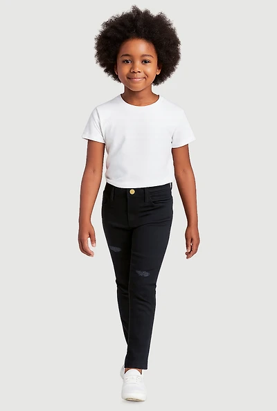 Little Girls Twill Distressed Skinny Leg Pants, Black, Size 4