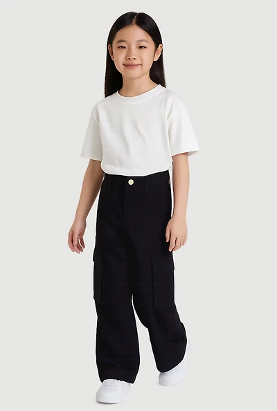 Little Girls Twill Stretch Cargo Pants, Black,