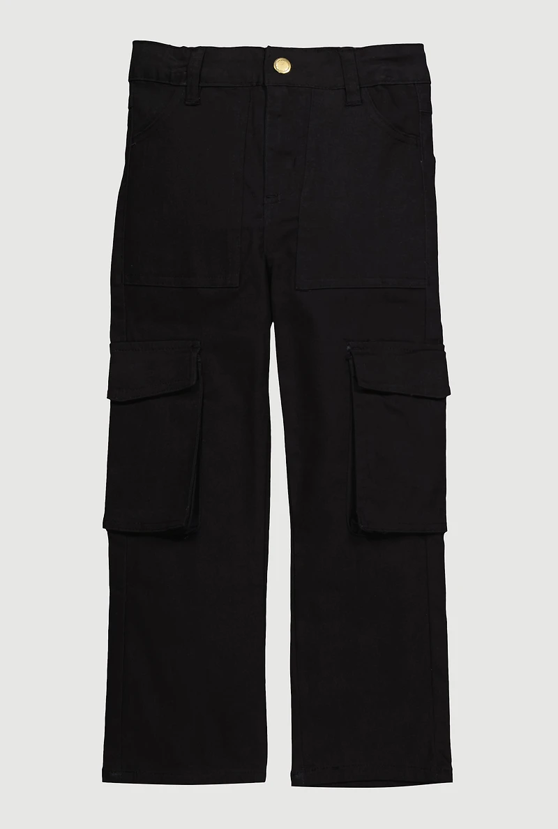 Little Girls Twill Stretch Cargo Pants, Black,