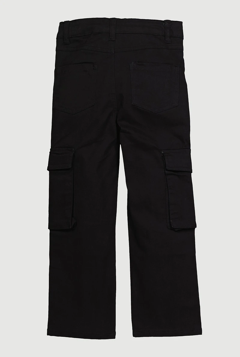 Little Girls Twill Stretch Cargo Pants, Black,